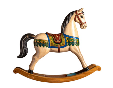 Vintage hand-painted wooden toy horse with festive décor isolated on transparent background PNG