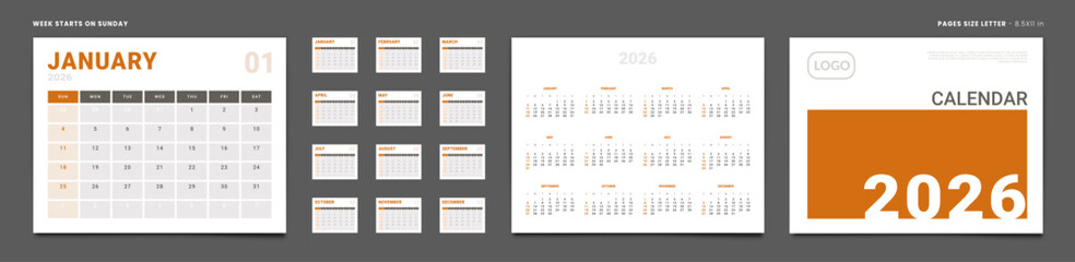 2026 Calendar Planner Set of Template grid Monthly Page, Cover with Place for Photo, Company Logo, Annual. Vector layout of wall or desk calendar with week start Sunday in print. Page Letter 8.5x11in