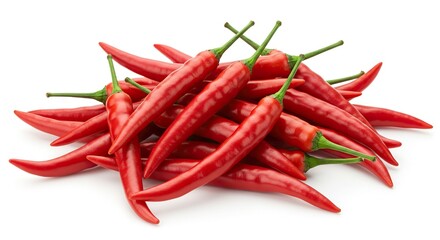A pile of glossy red chili peppers with green stems against a bright white background