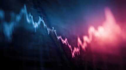 Abstract financial graph showing a downward trend with blue and pink gradients representing market fluctuations and economic data