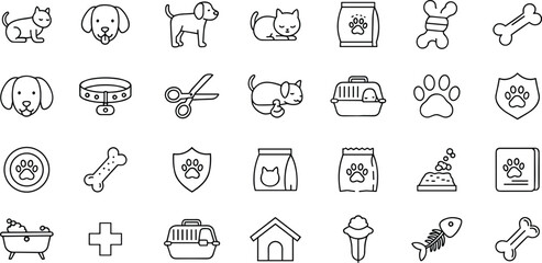 Outline Pet Care and Veterinary Medicine Vector Icons Set, SEO Optimized Collection for Dog, Cat, Grooming, Animal Shelter, Food, Health, and Adoption Concepts Line Art, Minimalist Design.