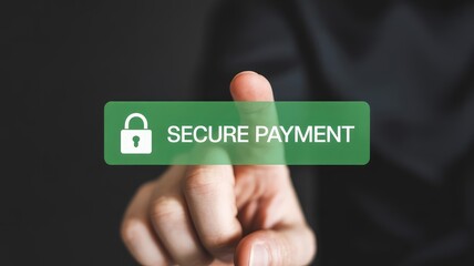 Finger pressing secure payment button, symbolizing safe online transactions and financial security