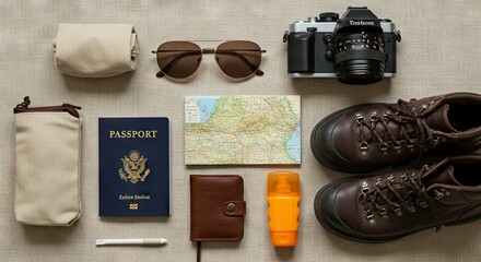 Travel essentials passport camera map sunglasses boots wallet sunscreen and cloth items on a neutral surface