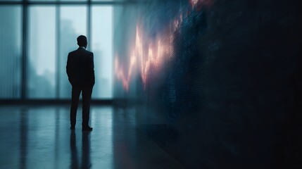 A lone businessman stands in a modern office contemplating a glowing financial graph displayed on a dark wall
