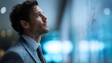 A professional man in a suit gazes intently at a large glowing digital data display screen
