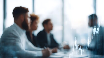 A team of blurred professionals in a meeting room with a financial market graph overlay symbolizing growth and analysis