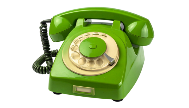 A vibrant green vintage rotary dial telephone with a classic design, isolated on a clean white background representing old communication technology