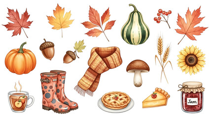 Autumnal Harvest A Watercolor Collection of Fall Elements.
