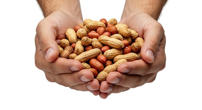 Two hands hold a pile of peanuts some with shells and some without against a white background