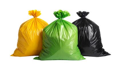Colorful Refuse Bags Yellow, Green, and Black Waste Collection Bags Symbolizing Environmental Responsibility and Proper Disposal Practices for a Sustainable Future