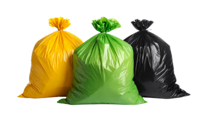 Colorful Refuse Bags Yellow, Green, and Black Waste Collection Bags Symbolizing Environmental Responsibility and Proper Disposal Practices for a Sustainable Future