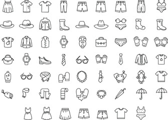 Outline Fashion, Clothing, and Apparel Vector Icons Set, SEO Optimized Collection for Men's and Women's Wear, Accessories, Footwear, and Seasonal Garments Line Art, Editable Stroke.