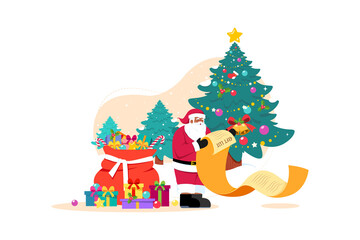 Santa Claus Holding Scroll Beside Decorated Christmas Tree with Gifts Sack and Snowy Pine Trees in Transparent Background Illustration