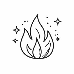 Fototapeta premium Simple black and white line art illustration of a flame with sparkle accents