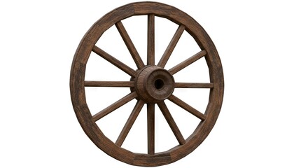 A wooden wheel with multiple spokes and a prominent central hub against a white background