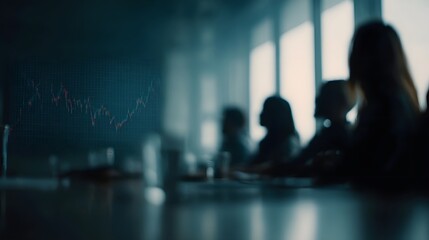 Silhouettes of a business team in a meeting room with a financial market graph overlaid