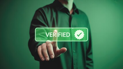Verified checkmark confirmation with hand touching digital interface for data security