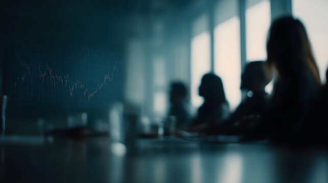 Silhouettes of a business team in a meeting room with a financial market graph overlaid