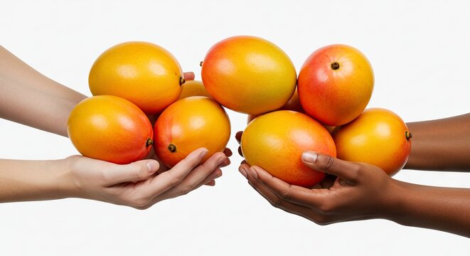 Two sets of hands one lightskinned and one darkskinned hold a pile of ripe mangoes against a white backdrop