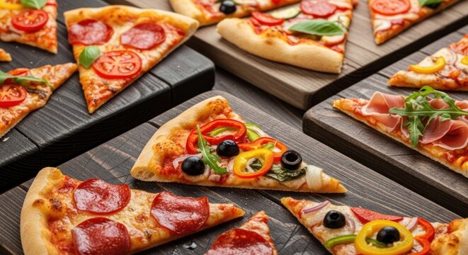 Assorted pizza slices on rustic wooden boards