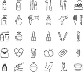 Outline Beauty, Cosmetics, and Skincare Vector Icons Set, SEO Optimized Collection for Makeup Tools, Hair Care, Body Lotion, Perfume, and Personal Hygiene Products Line Art.