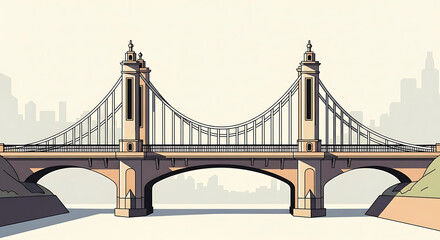 A stylized illustration of a classic suspension bridge with two ornate towers spanning a river, with a city skyline silhouette visible in the background.