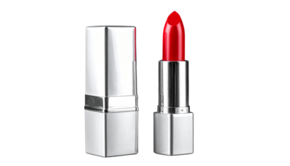 Luxury red lipstick and its silver case isolated on transparent background