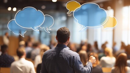 Conference or workshop with mentor speaking, audience engaged, speech bubbles illustrating key ideas