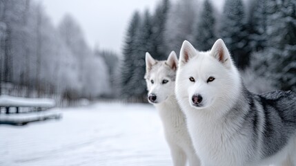 Naklejka premium Two Huskies in Snowy Winter Landscape White and Gray Fur Trees in Background