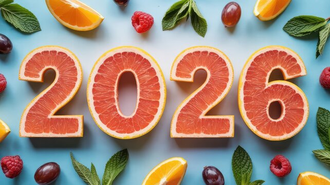 Vibrant 2026 design crafted from grapefruit, raspberries, and mint leaves on a blue background - Powered by Adobe