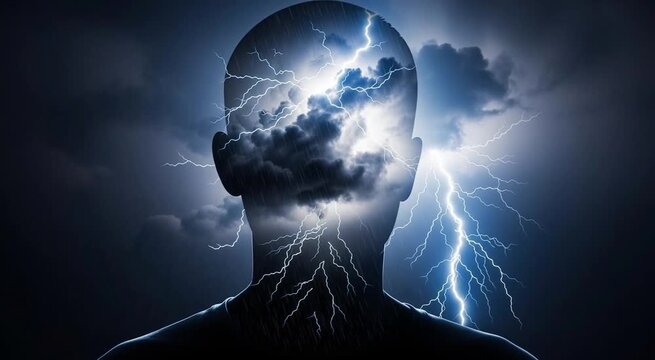 Conceptual animation of a lightning storm inside a person's head representing stress or brainstorming