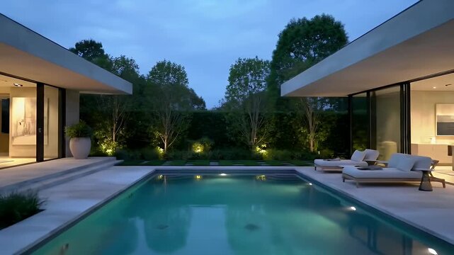 Family relaxing in luxury villa overlooking swimming pool and manicured garden at dusk, enjoying peaceful evening