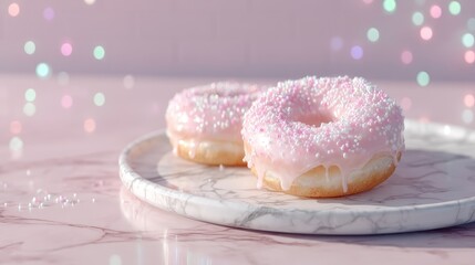 Two Pink Donuts with Sprinkles on Marble Plate with Bokeh Lights Background in Cinematic HDR Food Photography