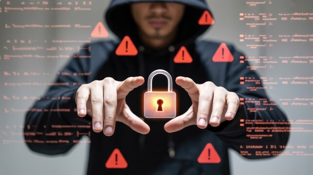 Hacker protecting digital data with glowing padlock, cybersecurity concept, online safety