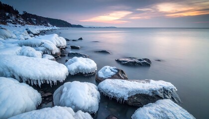 Icy Rocks on Baltic Sea Coastline During Winter Sunrise with Cold Temperature Nature Landscape Dramatic Sky and Snow Covered Stones in Poland