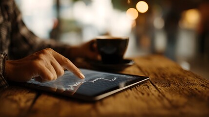A person s hand uses a tablet displaying a financial graph in a cozy cafe setting with a cup of coffee