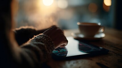 Person s hands touching a tablet screen displaying market charts with a cup of coffee nearby in warm soft light
