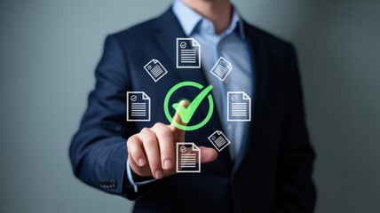 Elegant business man touching digital document approval icon with modern interface for professional workflow success
