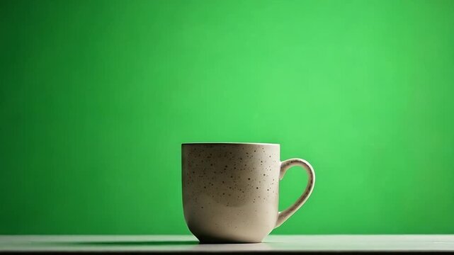 A warm coffee mug against a vibrant green backdrop, perfect for creating a relaxing morning or serene break video sequence
