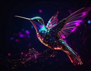 Iridescent hummingbird, low-poly style, on branch, dark background, bokeh