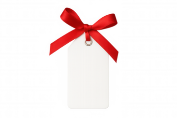 Blank white gift tag featuring a vibrant red satin ribbon bow, perfect for writing custom messages or prices, on a transparent background