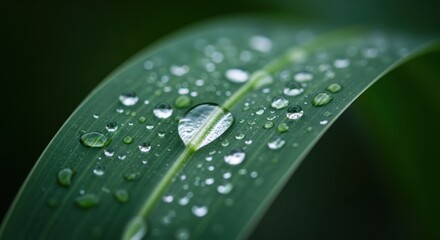 Close-up of a blade of grass, covered in water droplets
