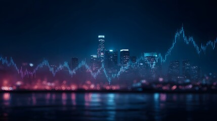 Abstract financial graph overlaying a blurred neon lit city skyline at night reflecting in water
