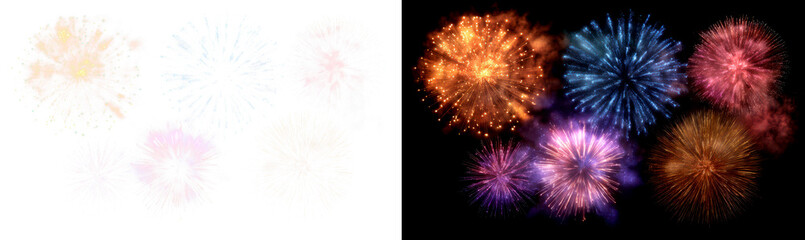 Fototapeta premium Set of Fireworks Display in Brilliant Night Sky Celebration Display on Transparent and Black Background, png