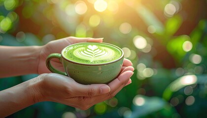 A warm and inviting scene featuring a ceramic cup of matcha latte with beautiful foam art, held gently by a pair of hands.