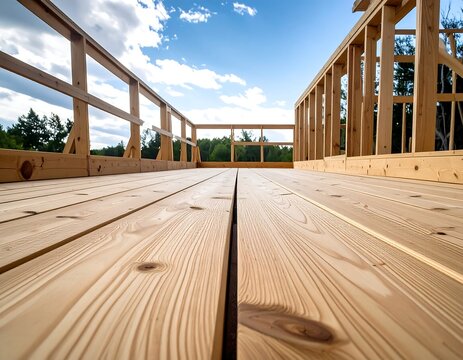 Low-angle view of a new wooden deck under construction, extending towards a partly built house against a bright sky