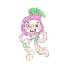 A cheerful red onion character, cartoonish. Hand-drawn illustration with colored pencils. Suitable for stickers, prints, posters, or cards. Mascot, vegetables, nature, holiday, fun, party, birthday