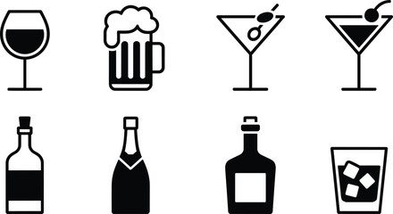 Black and White Alcohol Drink Icons Featuring Wine, Beer, Cocktails, Bottles, and Glasses for Bar Menu, Party, and Hospitality Design