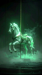Ethereal Carousel Horse Glowing Green in Mysterious Fog.