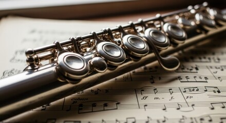 Obraz premium Close-up of a silver flute resting on old sheet music